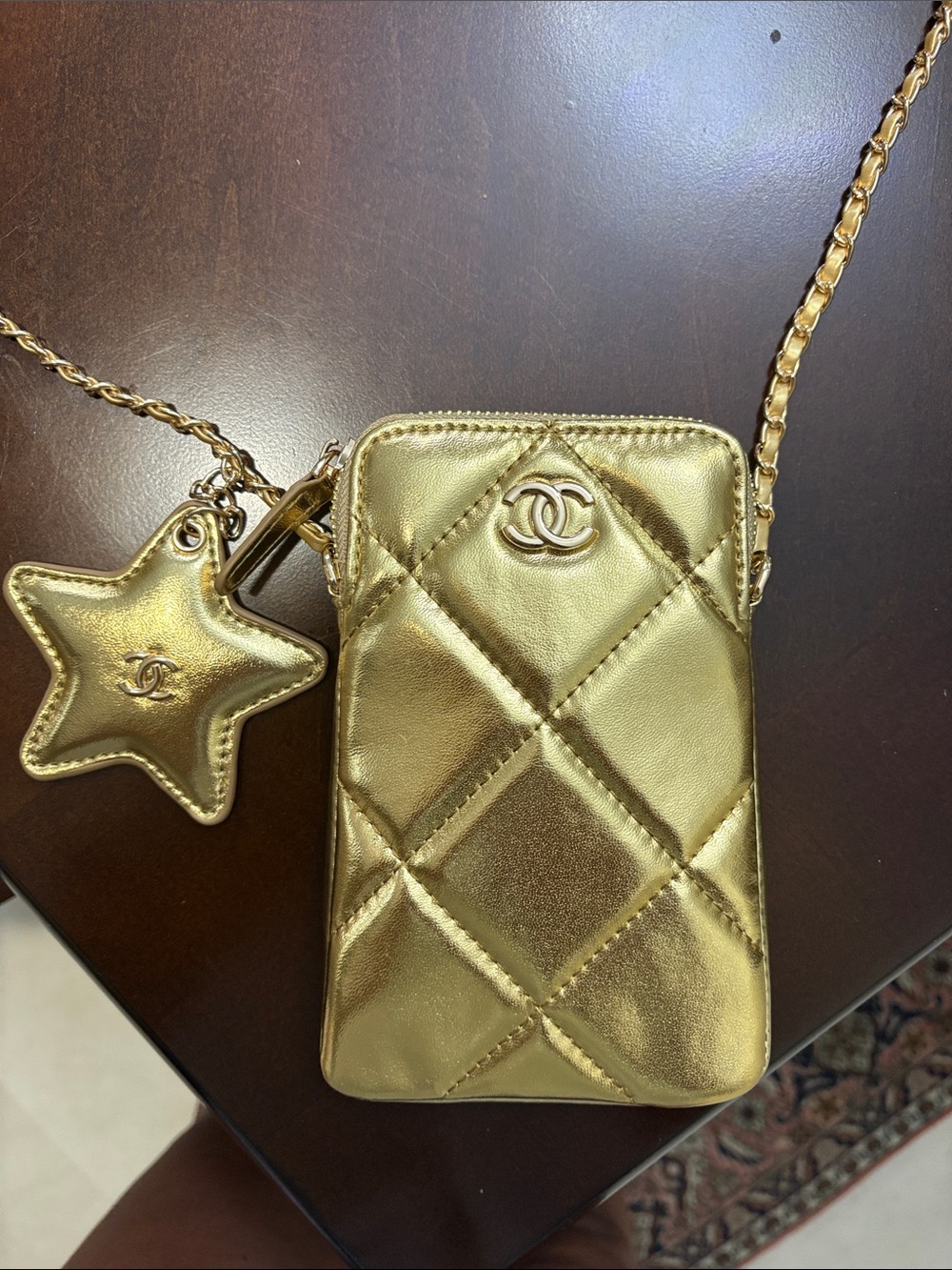 BRAND NEW! CHANEL Gold Quilted Leather Crossbody Phone Pouch with Star Charm